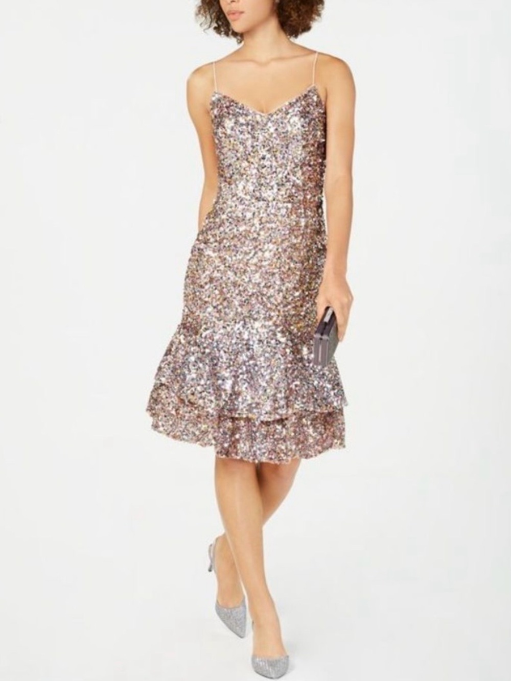 Adrianna Papell midi sequin flapper New Year's party gunmetal homecoming prom